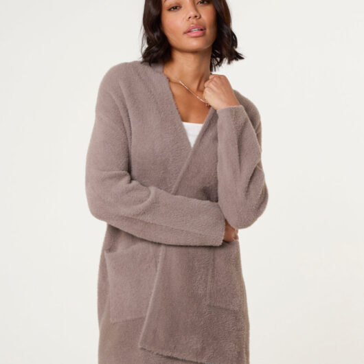 Fluffy Fleece Open Midi Cardigan - M/L / MOCHA