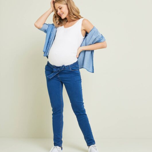 Slim Leg Trousers in Denim-Effect Fleece, for Maternity light denim blue