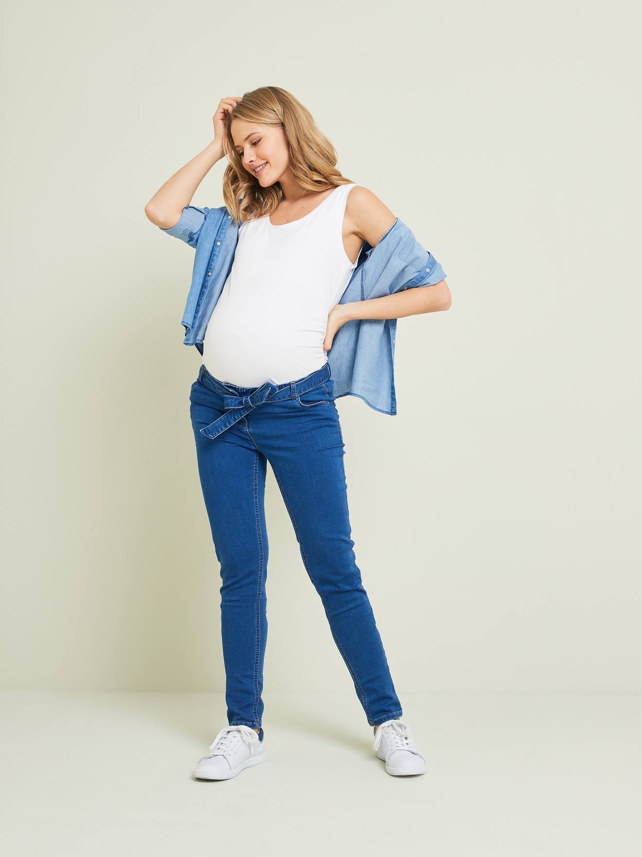 Slim Leg Trousers in Denim-Effect Fleece, for Maternity light denim blue