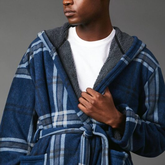 Debenhams Men's Navy Check Bonded Fleece Lined Dressing Gown | Size: Medium