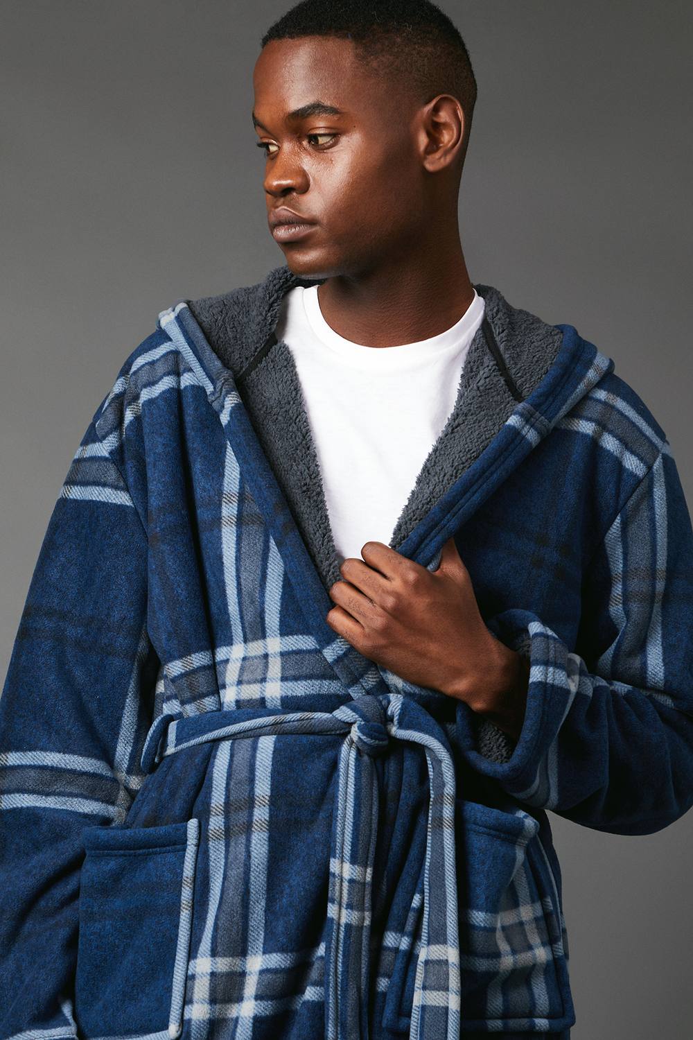 Debenhams Men's Navy Check Bonded Fleece Lined Dressing Gown | Size: Medium