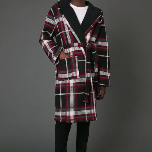 Debenhams Men's Red Check Bonded Fleece Lined Hooded Dressing Gown | Size: Large