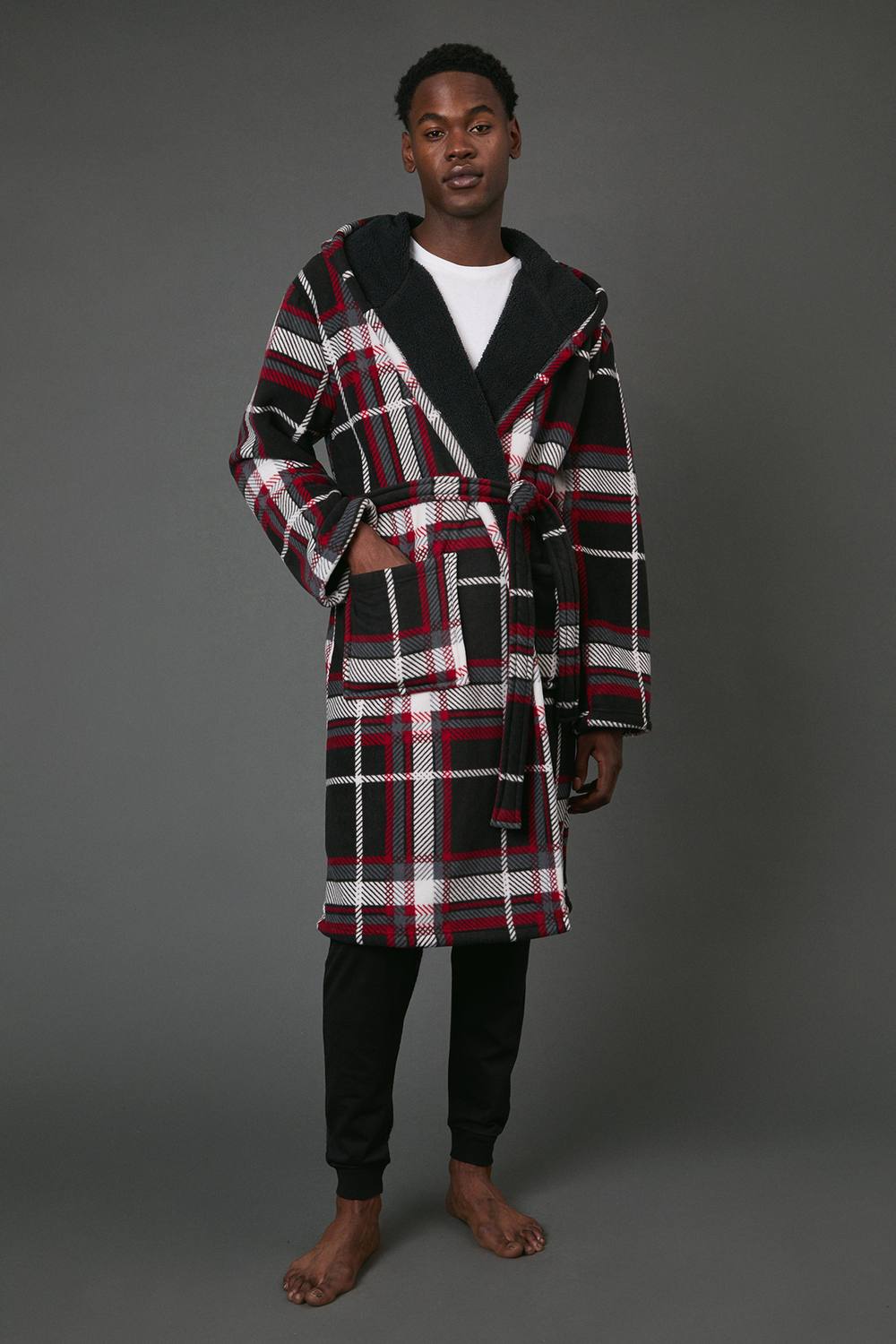 Debenhams Men's Red Check Bonded Fleece Lined Hooded Dressing Gown | Size: Large