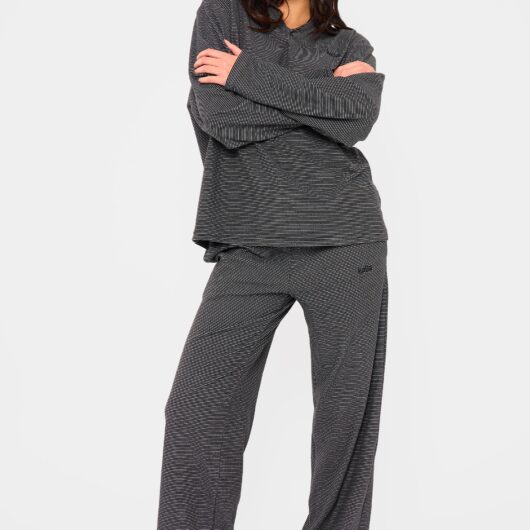 Kaiia Striped Fleece Drawstring Wide Leg Trousers Black & Cream
